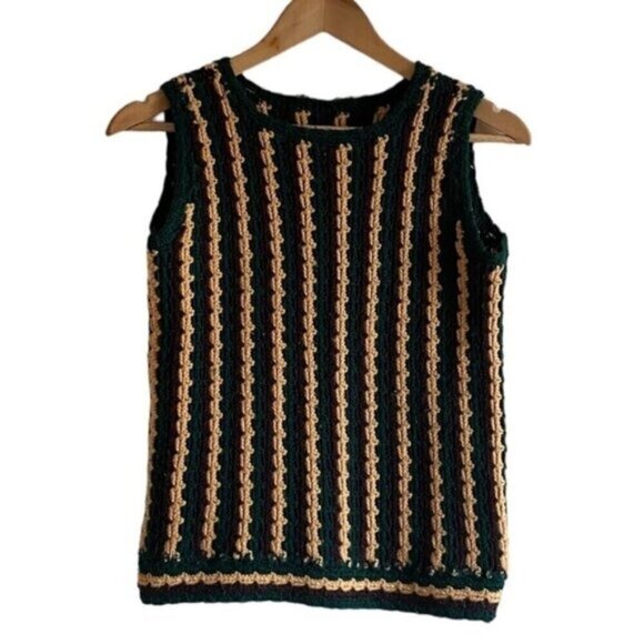 Hand Made Crochet Yellow Sweater Vest Size Small Stripped Retro 70s Groovy - Picture 1 of 8